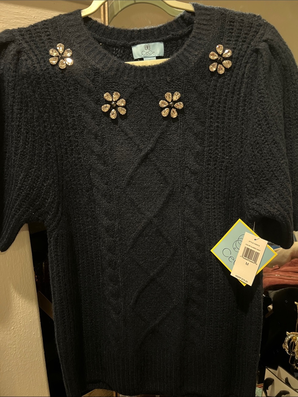 CeCe Navy Short-Sleeve Cable Knit Sweater with Jeweled Floral Accents